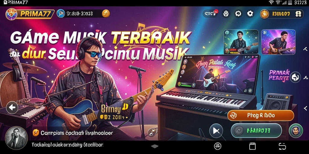 Tampilan gameplay PRIMA77 yang menampilkan aksi menyenangkan dengan musik.