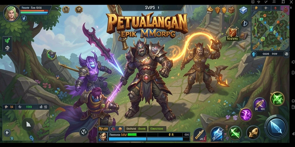 Screenshot SVIP5 menampilkan karakter pemain dalam pertempuran epik di dunia fantasi.